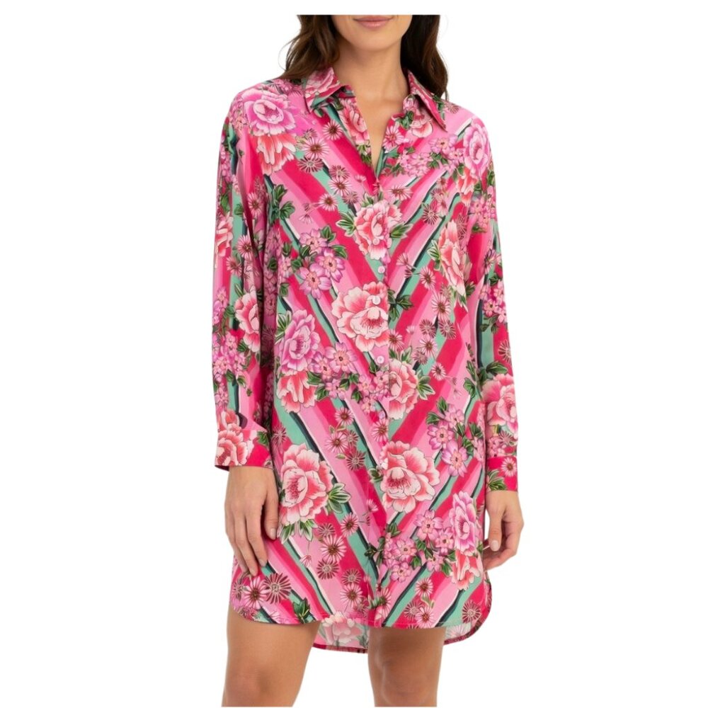 JOHNNY WAS Bocardi Pink Button Down Shirt Dress Swim Cover Up Beach Coverup